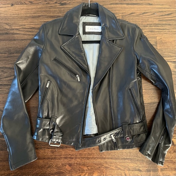 Calvin Klein Leather MOTO Jacket in Black with Silver-toned Hardware. Size Small - Picture 1 of 6